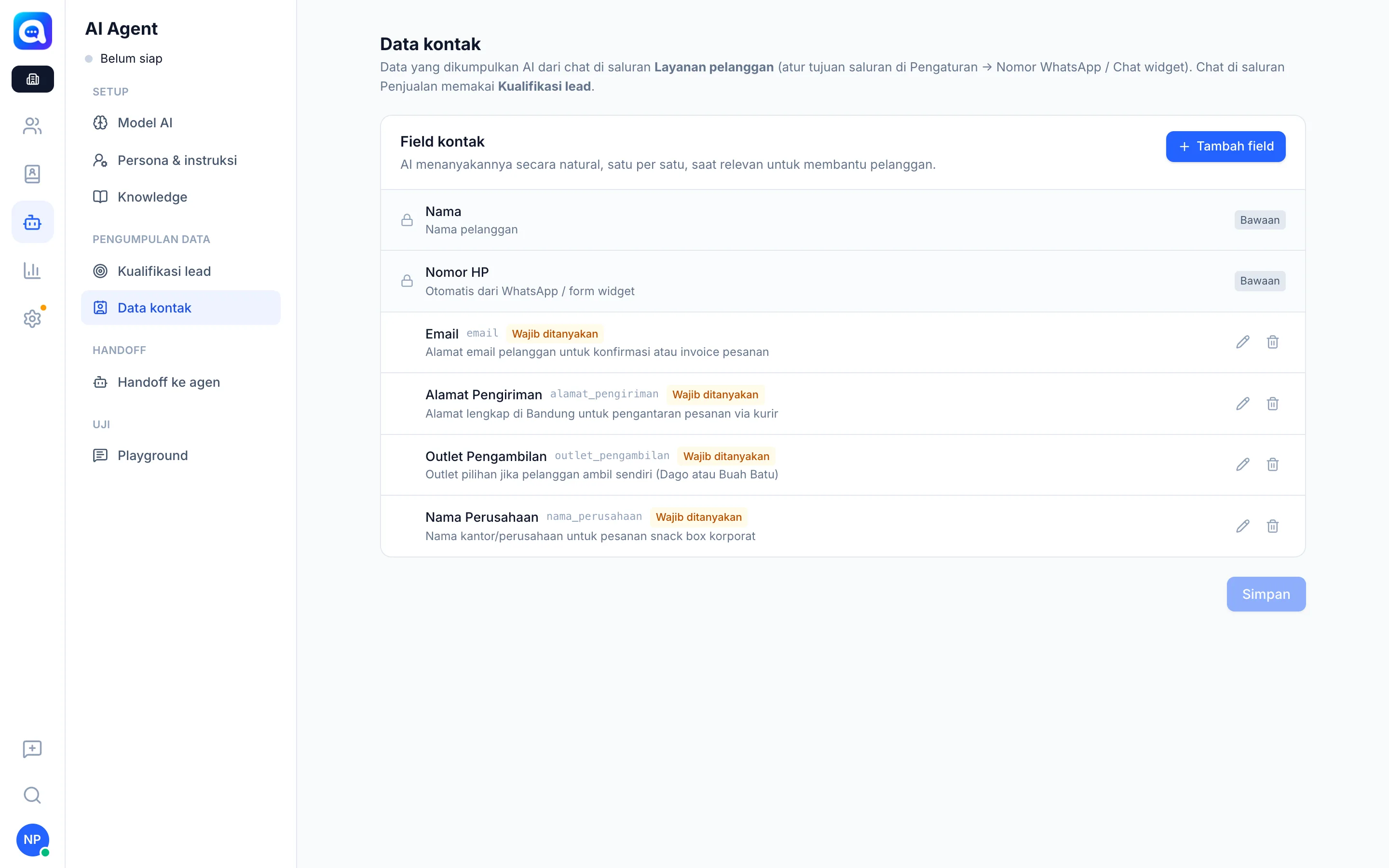 Tab Data kontak dengan daftar field kontak