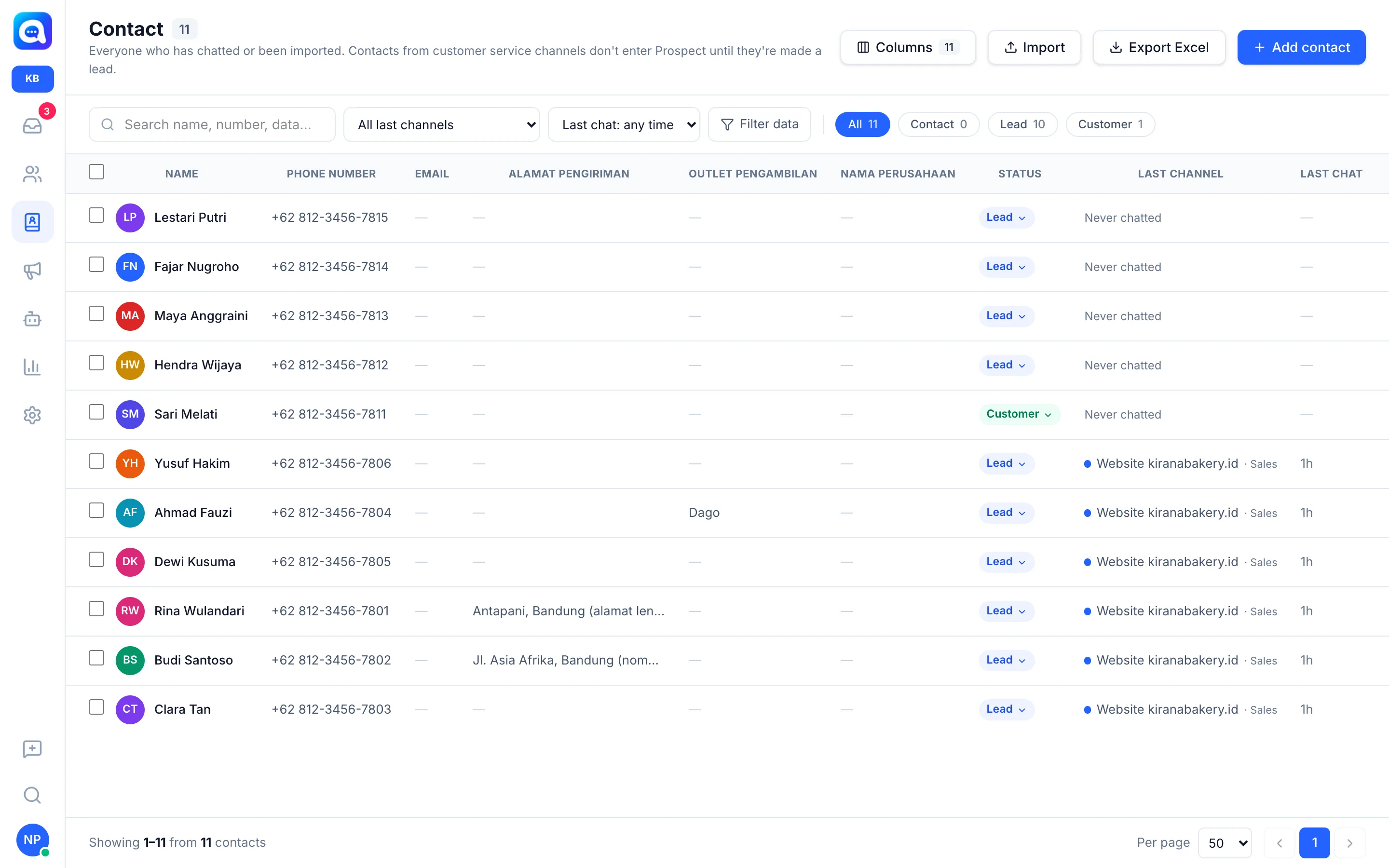 Page Contact avec le tableau et le bouton Importer