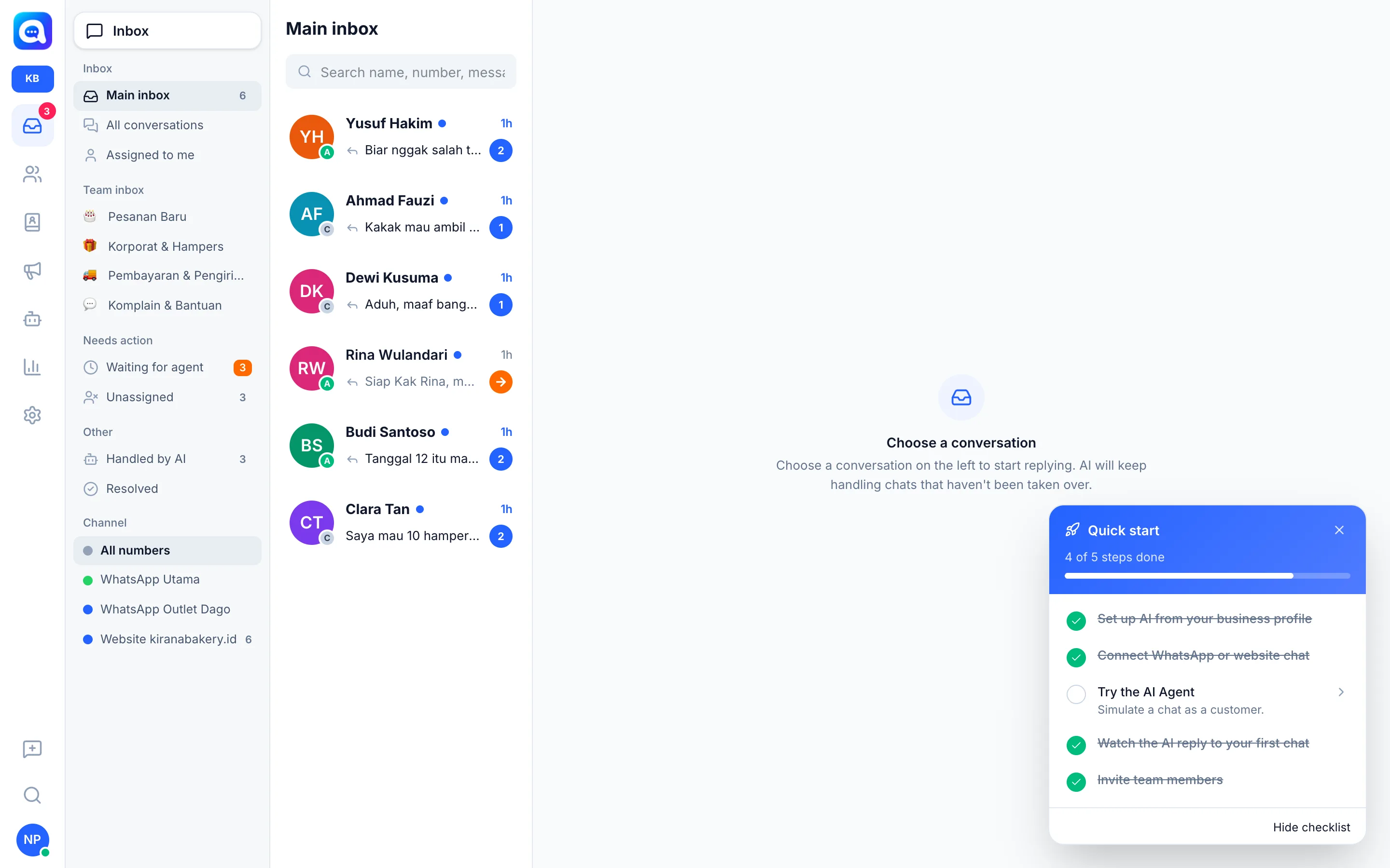 Riquadro Avvio rapido nella dashboard di Kalea