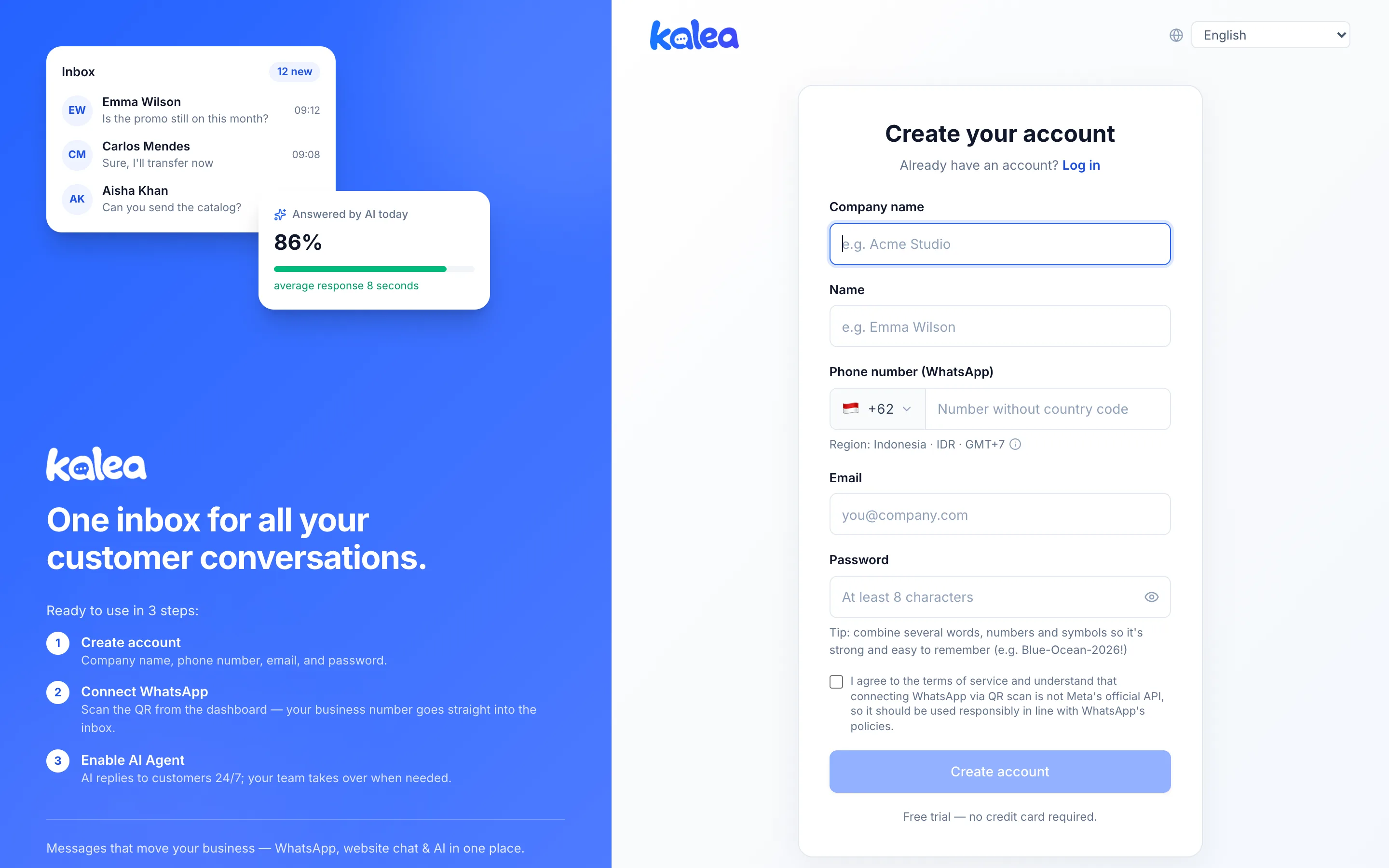 Pagina di registrazione di un nuovo account Kalea